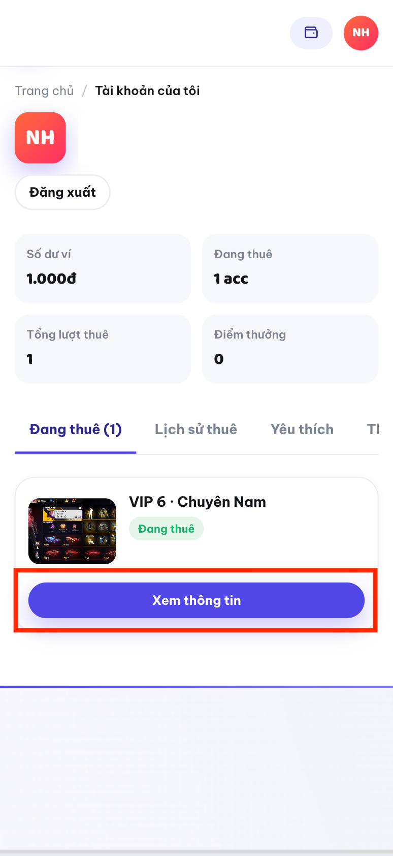 Danh sách tài khoản đang thuê, chọn Xem thông tin