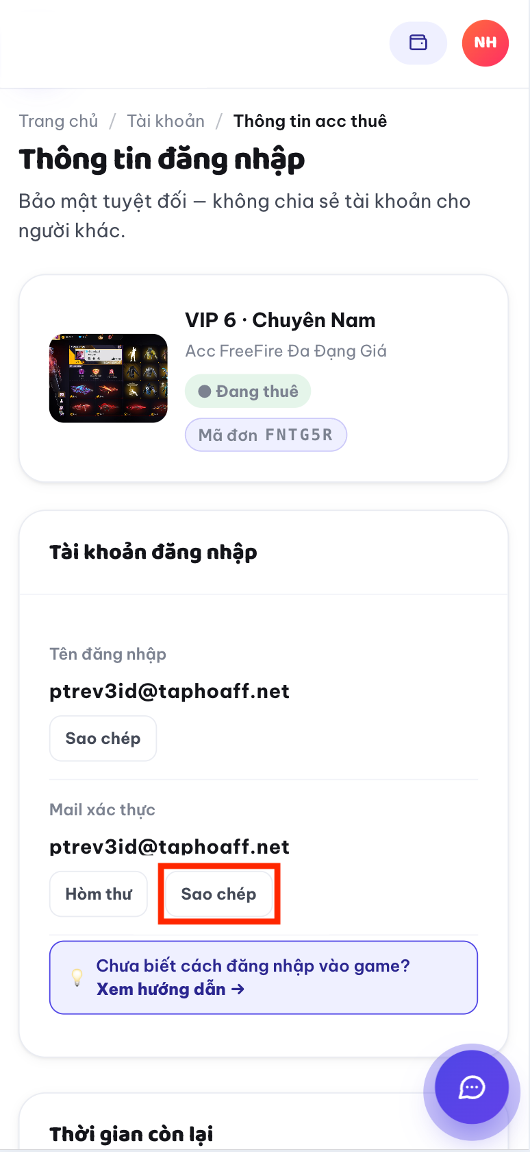 Trang thông tin tài khoản với mail xác thực, nút Sao chép và Hòm thư