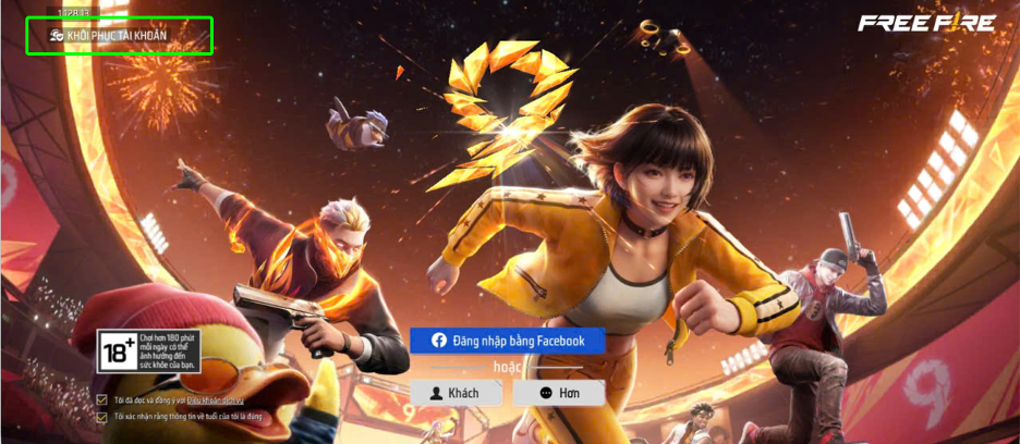 Màn hình đăng nhập game, nút Khôi phục tài khoản góc trái